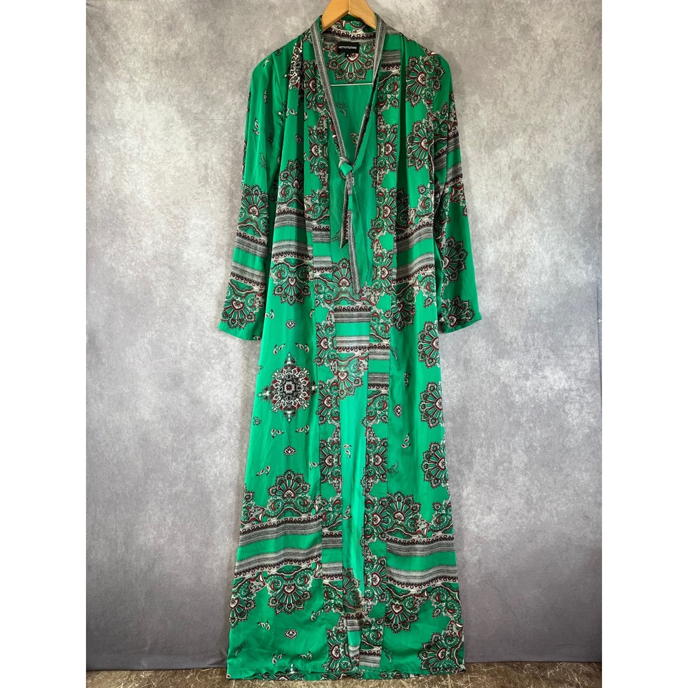 PrettyLittleThing Paisley Maxi Duster Women 6 Green Tie Waist Long Slv *See Pic*